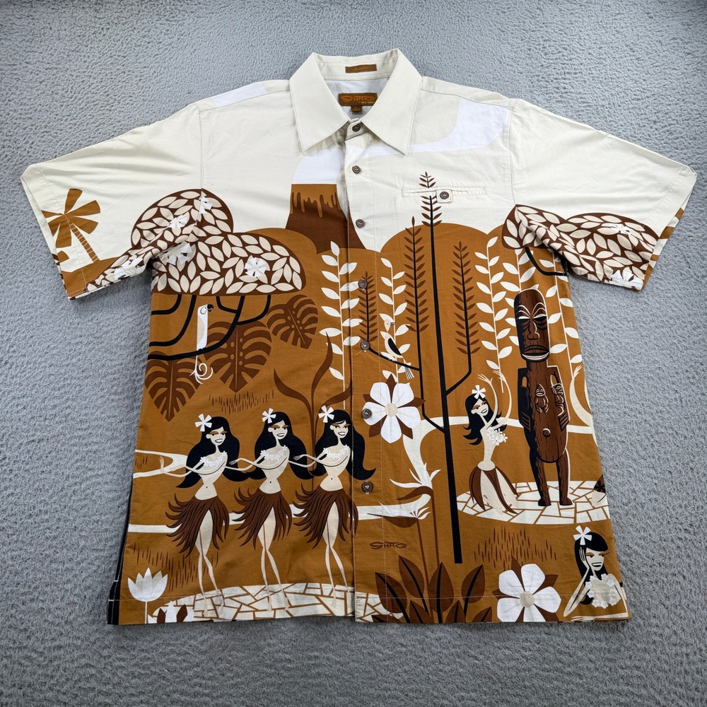 Shag Toes On The Nose Shirt Mens Large Brown Tiki Hula Dream Fit Button Up Rare
